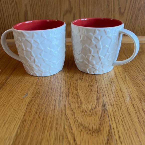 EUC 2011 Set of 2 Starbucks Bone China Embossed‎ Stars Mug White Red Coffee Cup - Picture 1 of 5
